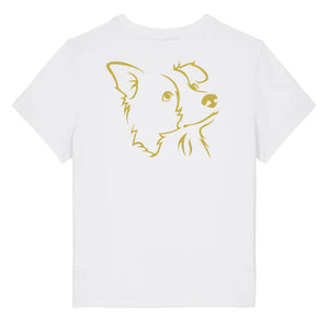 Gold outline illustration of the head of a Border Collie on the back of a white ladies t-shirt