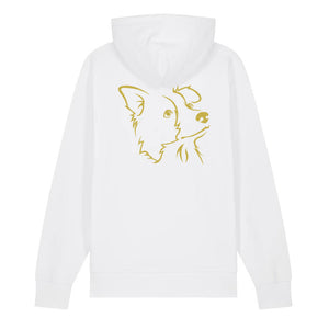 Gold outline illustration of the head of a Border Collie on the back of a white unisex Hoodie
