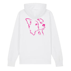 Magenta outline illustration of the head of a Border Collie on the back of a white unisex Hoodie