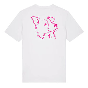 Magenta outline illustration of the head of a Border Collie on the back of a white unisex t-shirt