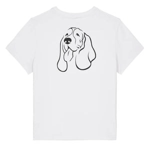 Black outline illustration of the head of a Basset Hound on the back of a white ladies t-shirt