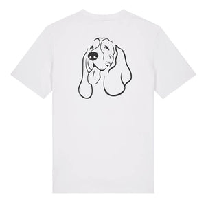 Black outline illustration of the head of a Basset Hound on the back of a white unisex t-shirt
