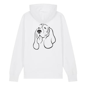 Black outline illustration of the head of a Basset Hound on the back of a white unisex Hoodie