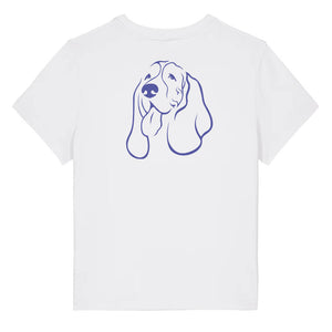 Blue outline illustration of the head of a Basset Hound on the back of a white ladies t-shirt