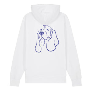 Blue outline illustration of the head of a Basset Hound on the back of a white unisex Hoodie
