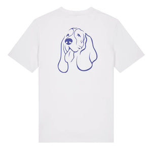 Blue outline illustration of the head of a Basset Hound on the back of a white unisex t-shirt