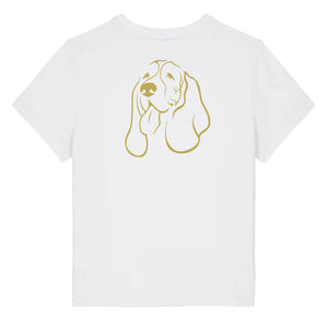 Gold outline illustration of the head of a Basset Hound on the back of a white ladies t-shirt