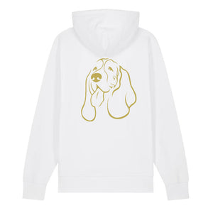Gold outline illustration of the head of a Basset Hound on the back of a white unisex Hoodie