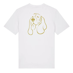 Gold outline illustration of the head of a Basset Hound on the back of a white unisex t-shirt