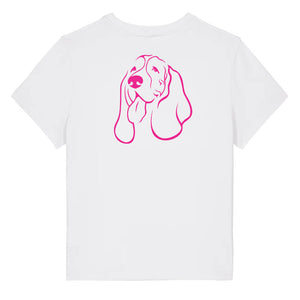 Magenta outline illustration of the head of a Basset Hound on the back of a white ladies t-shirt