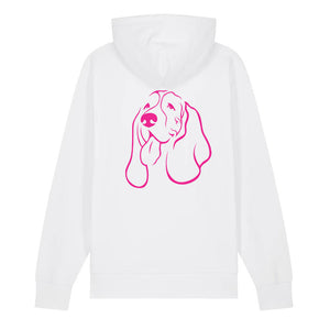 Magenta outline illustration of the head of a Basset Hound on the back of a white unisex Hoodie