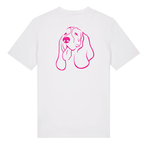 Magenta outline illustration of the head of a Basset Hound on the back of a white unisex t-shirt