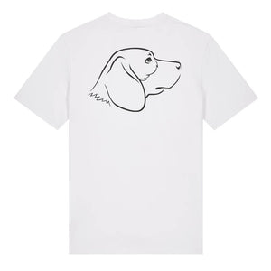 Black outline illustration of the head of a Beagle on the back of a white unisex t-shirt