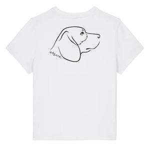 Black outline illustration of the head of a Beagle dog on the back of a white ladies t-shirt
