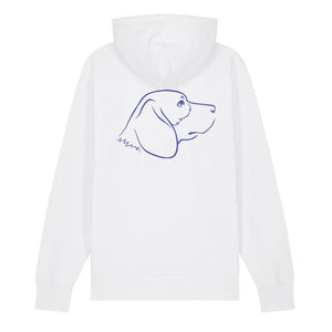 Blue outline illustration of the head of a Beagle on the back of a white unisex Hoodie