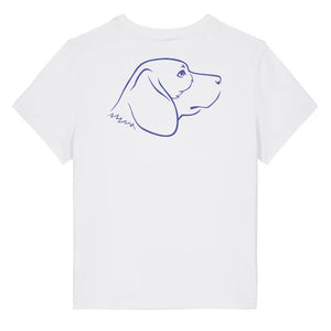 Blue outline illustration of the head of a Beagle dog on the back of a white ladies t-shirt