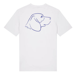 Blue outline illustration of the head of a Beagle on the back of a white unisex t-shirt