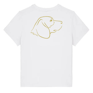 Gold outline illustration of the head of a Beagle dog on the back of a white ladies t-shirt