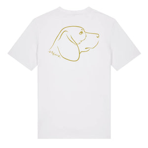 Gold outline illustration of the head of a Beagle on the back of a white unisex t-shirt