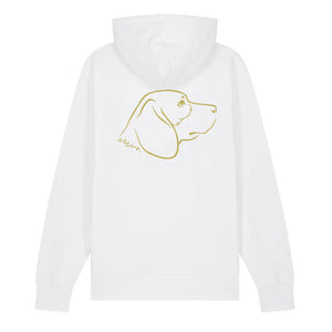Gold outline illustration of the head of a Beagle on the back of a white unisex Hoodie
