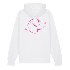 Magenta outline illustration of the head of a Beagle on the back of a white unisex Hoodie
