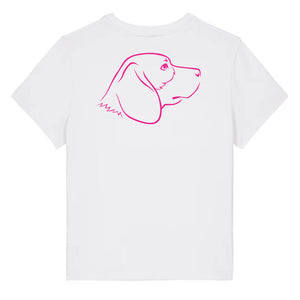 Magenta outline illustration of the head of a Beagle dog on the back of a white ladies t-shirt