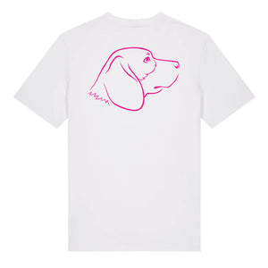 Magenta outline illustration of the head of a Beagle on the back of a white unisex t-shirt