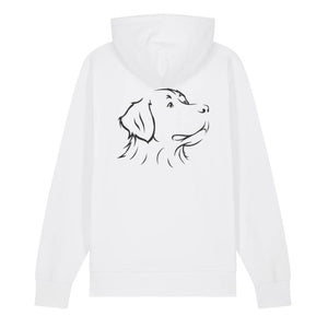 Black outline illustration of the head of a Bernese Mountain Dog on the back of a white unisex Hoodie