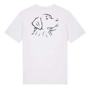Black outline illustration of the head of a Bernese Mountain Dog on the back of a white unisex t-shirt