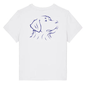 Blue outline illustration of the head of a Bernese Mountain Dog on the back of a white ladies t-shirt