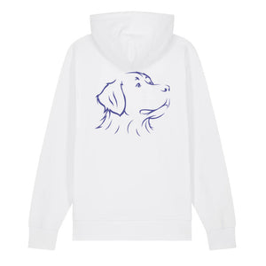 Blue outline illustration of the head of a Bernese Mountain Dog on the back of a white unisex Hoodie