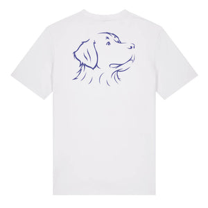 Blue outline illustration of the head of a Bernese Mountain Dog on the back of a white unisex t-shirt