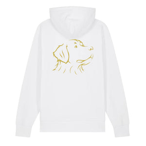Gold outline illustration of the head of a Bernese Mountain Dog on the back of a white unisex Hoodie