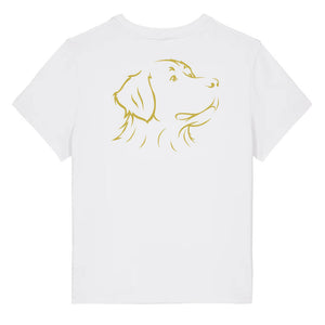 Gold outline illustration of the head of a Bernese Mountain Dog on the back of a white ladies t-shirt