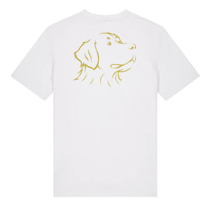 Gold outline illustration of the head of a Bernese Mountain Dog on the back of a white unisex t-shirt