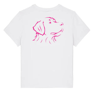 Magenta outline illustration of the head of a Bernese Mountain Dog on the back of a white ladies t-shirt