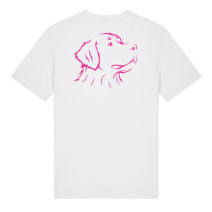 Magenta outline illustration of the head of a Bernese Mountain Dog on the back of a white unisex t-shirt