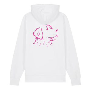 Magenta outline illustration of the head of a Bernese Mountain Dog on the back of a white unisex Hoodie