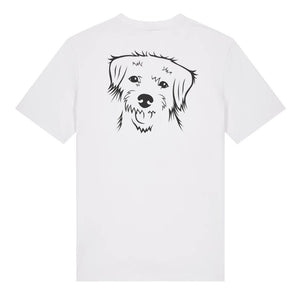 Black outline illustration of the head of a Border Terrier on the back of a white unisex t-shirt