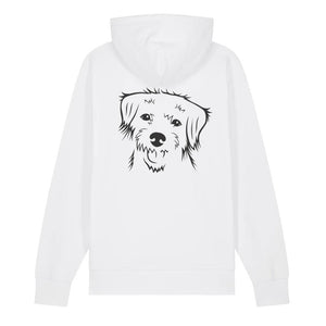 Black outline illustration of the head of a Border Terrier on the back of a white unisex Hoodie