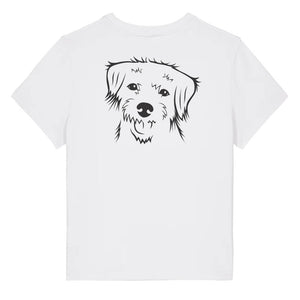 Black outline illustration of the head of a Border Terrier on the back of a white ladies t-shirt