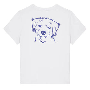 Blue outline illustration of the head of a Border Terrier on the back of a white ladies t-shirt