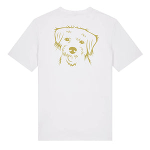 Gold outline illustration of the head of a Border Terrier on the back of a white unisex t-shirt