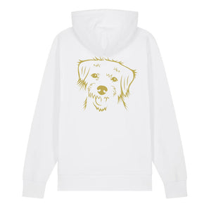 Gold outline illustration of the head of a Border Terrier on the back of a white unisex Hoodie