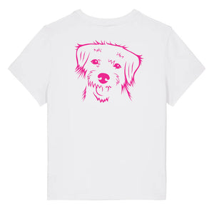 Magenta outline illustration of the head of a Border Terrier on the back of a white ladies t-shirt