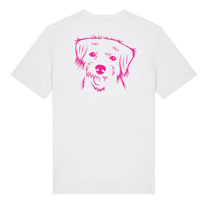 Magenta outline illustration of the head of a Border Terrier on the back of a white unisex t-shirt