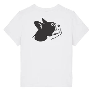 Black outline illustration of the head of a Boston Terrier on the back of a white ladies t-shirt