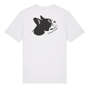Black outline illustration of the head of a Boston Terrier on the back of a white unisex t-shirt