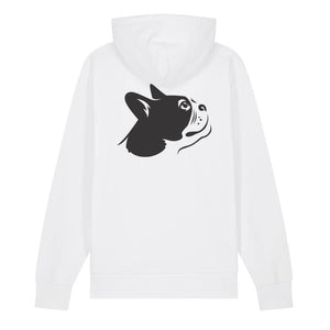Black outline illustration of the head of a Boston Terrier on the back of a white unisex Hoodie