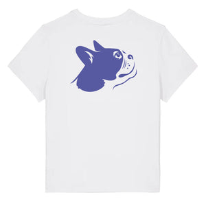 Blue outline illustration of the head of a Boston Terrier on the back of a white ladies t-shirt